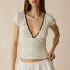 Polka-dot V-neck Lace-trimmed Short-sleeve T-shirt
