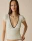 Polka-dot V-neck Lace-trimmed Short-sleeve T-shirt