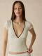 Polka-dot V-neck Lace-trimmed Short-sleeve T-shirt