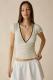 Polka-dot V-neck Lace-trimmed Short-sleeve T-shirt