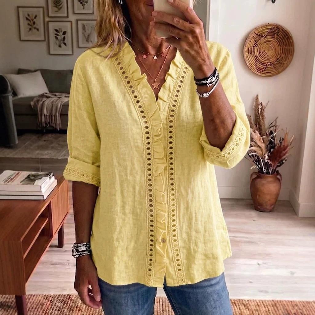 Womens Casual Loose-fit Long-sleeve Ruffled Blouse