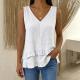 Womens Cotton Solid-Color Loose V-Neck Sleeveless T-Shirt With Ruffled Hem