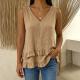Womens Cotton Solid-Color Loose V-Neck Sleeveless T-Shirt With Ruffled Hem