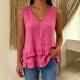 Womens Cotton Solid-Color Loose V-Neck Sleeveless T-Shirt With Ruffled Hem