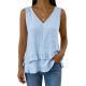 Womens Cotton Solid-Color Loose V-Neck Sleeveless T-Shirt With Ruffled Hem