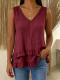 Womens Cotton Solid-Color Loose V-Neck Sleeveless T-Shirt With Ruffled Hem