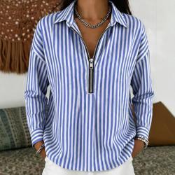 Womens Striped Shirt With A Turn-down Collar And Zipper Front