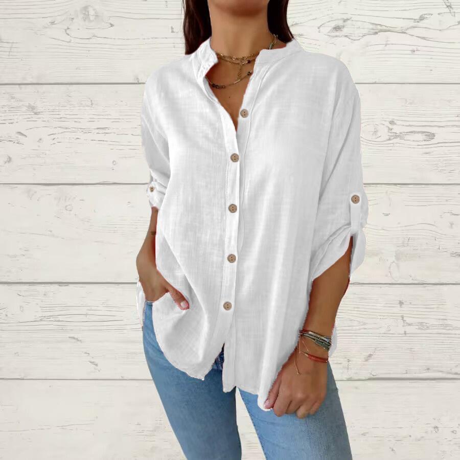 Womens V-neck Cotton-linen Top Long-sleeve Blouse Loose-fit