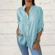 Womens V-neck Cotton-linen Top Long-sleeve Blouse Loose-fit