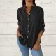Womens V-neck Cotton-linen Top Long-sleeve Blouse Loose-fit