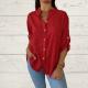 Womens V-neck Cotton-linen Top Long-sleeve Blouse Loose-fit