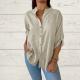Womens V-neck Cotton-linen Top Long-sleeve Blouse Loose-fit