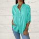 Womens V-neck Cotton-linen Top Long-sleeve Blouse Loose-fit