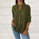 Womens V-neck Cotton-linen Top Long-sleeve Blouse Loose-fit