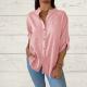 Womens V-neck Cotton-linen Top Long-sleeve Blouse Loose-fit