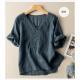 V-Neck Embroidered Linen Cotton Blend Short Sleeve Blouse