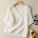 V-Neck Embroidered Linen Cotton Blend Short Sleeve Blouse