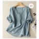 V-Neck Embroidered Linen Cotton Blend Short Sleeve Blouse