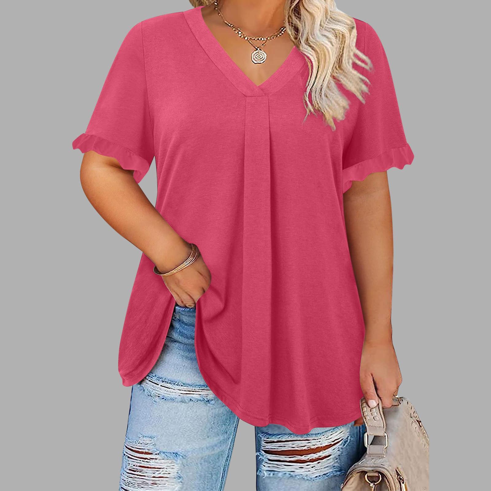 Casual Solid-color Short-sleeve Top With Ruffled Cap Sleeves And A V-neck