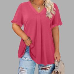 Casual Solid-color Short-sleeve Top With Ruffled Cap Sleeves And A V-neck