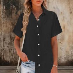 New Womens Cotton-linen Solid-color Short-sleeve Shirt