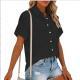 New Womens Cotton-linen Solid-color Short-sleeve Shirt