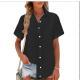 New Womens Cotton-linen Solid-color Short-sleeve Shirt