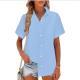 New Womens Cotton-linen Solid-color Short-sleeve Shirt