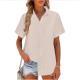 New Womens Cotton-linen Solid-color Short-sleeve Shirt