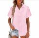 New Womens Cotton-linen Solid-color Short-sleeve Shirt