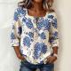 Womens Retro Printed Square-Neck Three-Quarter-Sleeve Casual Loose Top