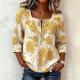 Womens Retro Printed Square-Neck Three-Quarter-Sleeve Casual Loose Top
