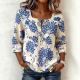 Womens Retro Printed Square-Neck Three-Quarter-Sleeve Casual Loose Top
