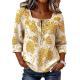 Womens Retro Printed Square-Neck Three-Quarter-Sleeve Casual Loose Top
