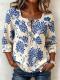 Womens Retro Printed Square-Neck Three-Quarter-Sleeve Casual Loose Top