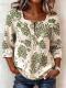 Womens Retro Printed Square-Neck Three-Quarter-Sleeve Casual Loose Top