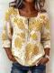 Womens Retro Printed Square-Neck Three-Quarter-Sleeve Casual Loose Top