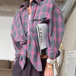 Retro-style Versatile Plaid Long-sleeve Pocket Womens Blouse