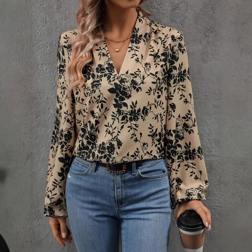 Womens Fashion Floral Print V-Neck Shirt