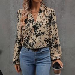 Womens Fashion Floral Print V-Neck Shirt