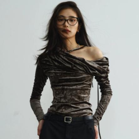 Retro Pleated Boatneck Off Shoulder Green Velvet Sheen Base Top