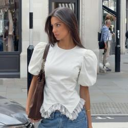 Elegant White Lace Blouse With Puff Sleeves And A Fitted Waist