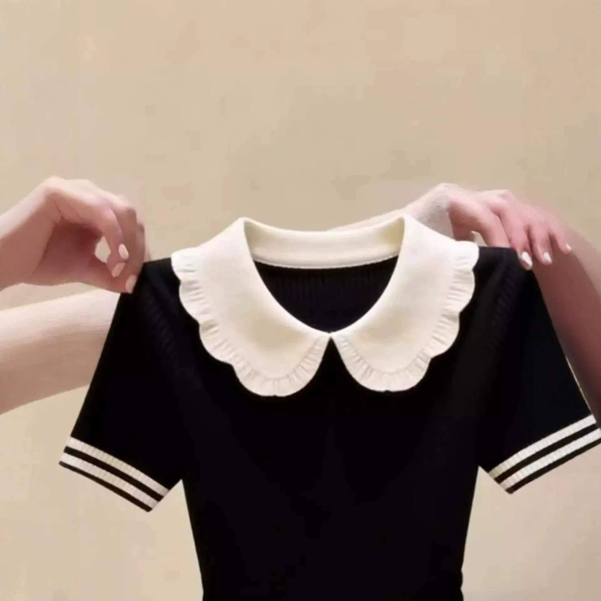 Versatile Color-block Doll-collar Short-sleeve Top