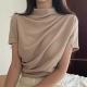 French-style Cozy Off-shoulder Pleated Turtleneck Short-sleeve T-shirt