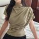 French-style Cozy Off-shoulder Pleated Turtleneck Short-sleeve T-shirt