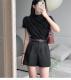 French-style Cozy Off-shoulder Pleated Turtleneck Short-sleeve T-shirt