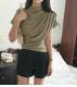 French-style Cozy Off-shoulder Pleated Turtleneck Short-sleeve T-shirt