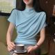 French-style Cozy Off-shoulder Pleated Turtleneck Short-sleeve T-shirt