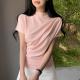 French-style Cozy Off-shoulder Pleated Turtleneck Short-sleeve T-shirt