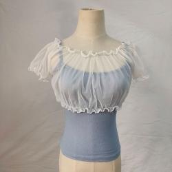 Womens Sheer Sweet Puff-sleeve Off-shoulder Base Top